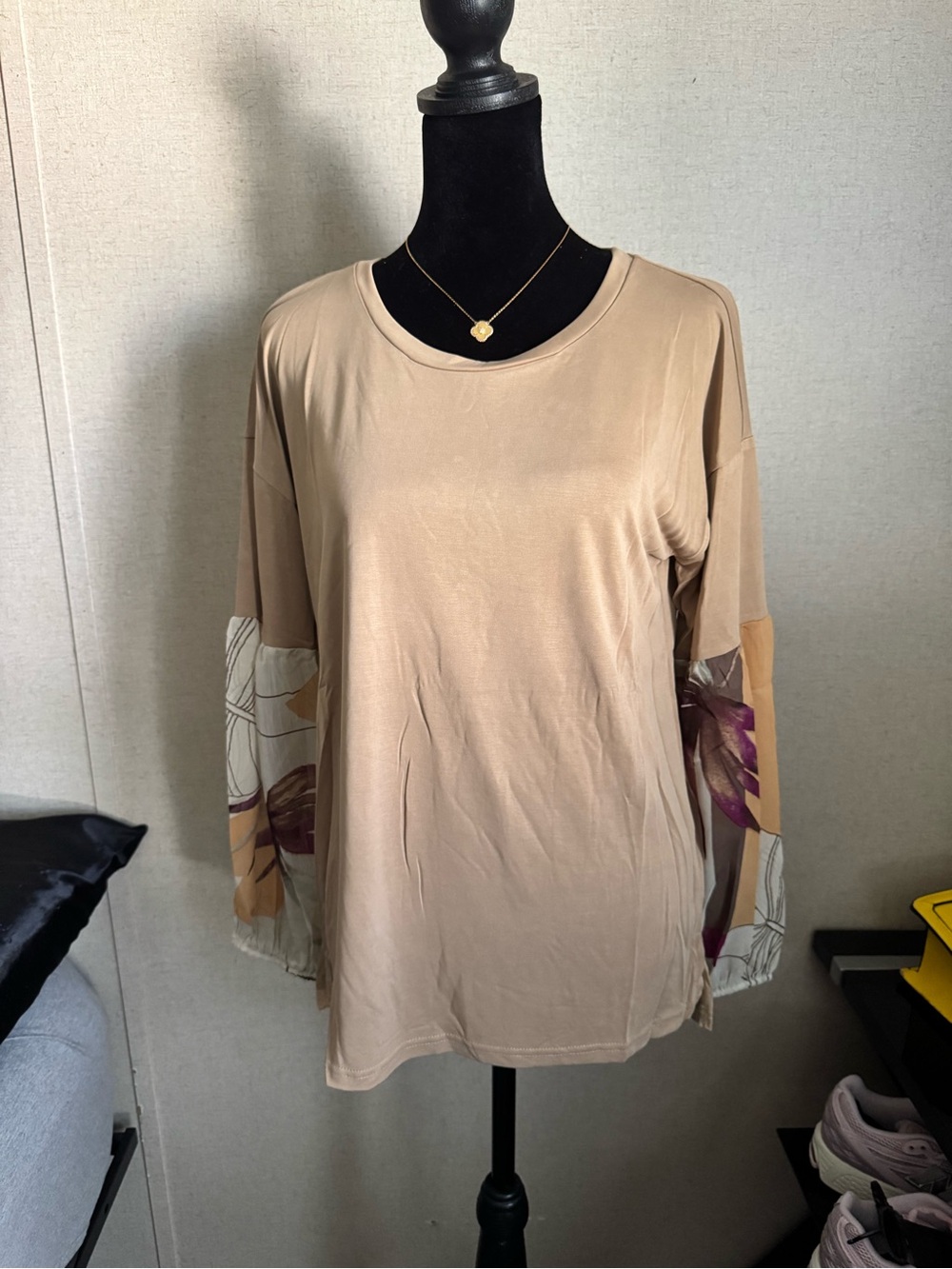 Mystree Beige Long Sleeve Tee with Floral Accent Sleeves